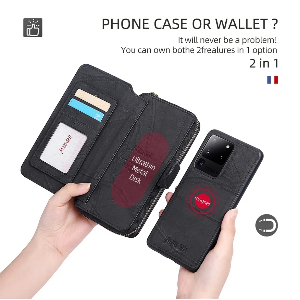 New Megshi Wallet/Clutch with Detachable Flip Black Leather Case For iphone X/XS
